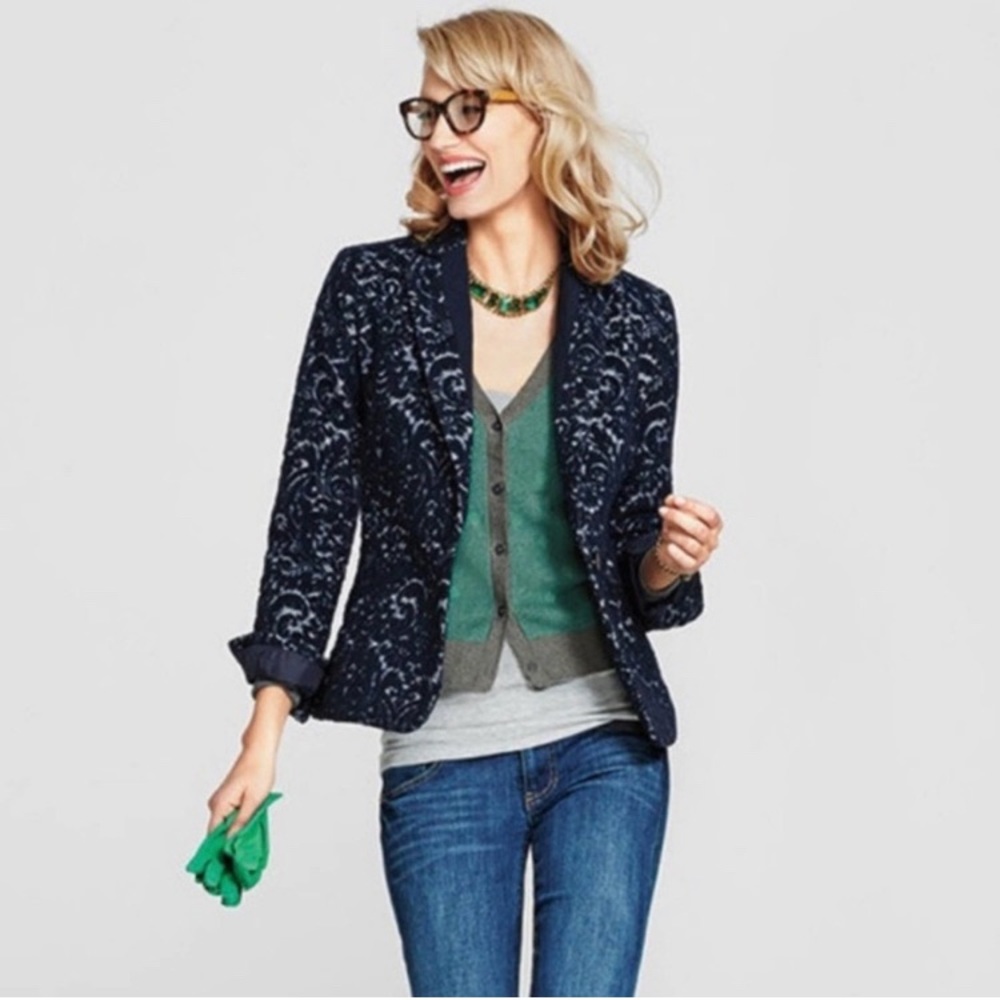 NWT Cabi Floral Jacquard Jacket Blazer Button Style Navy blue #109 Size 12